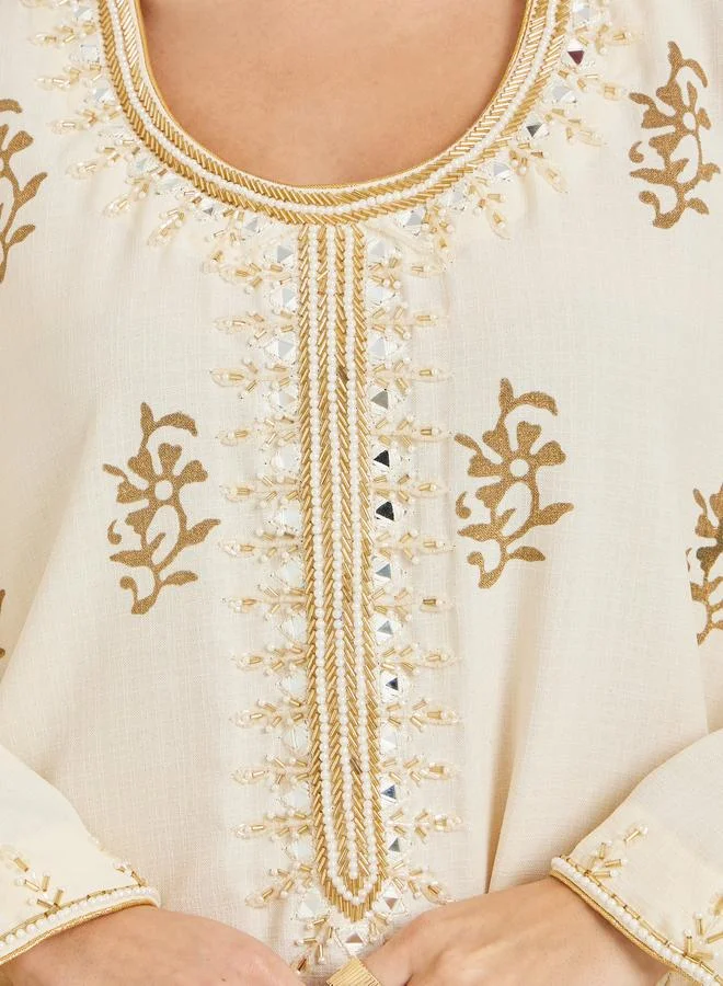 Amirah  Women Cream Embroidered A-Line Jalabiya for Women | Best Price UAE